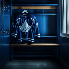 Blue custom Hockey jersey in locker