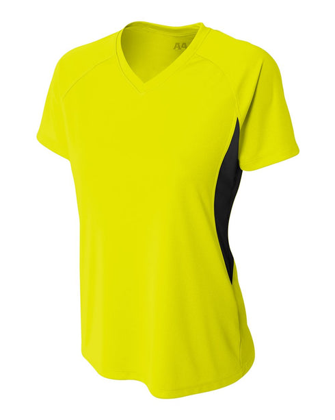 A4 Women's Color Block Performance V-Neck (NW3223), Color 'Safety Yellow/Black'
