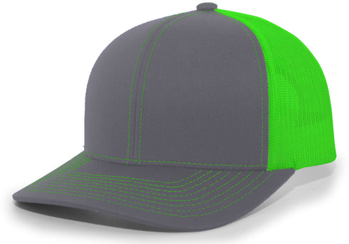 Pacific Headwear Trucker Snapback Cap (104C), Color 'GraphiteNeonGreenGraphite'