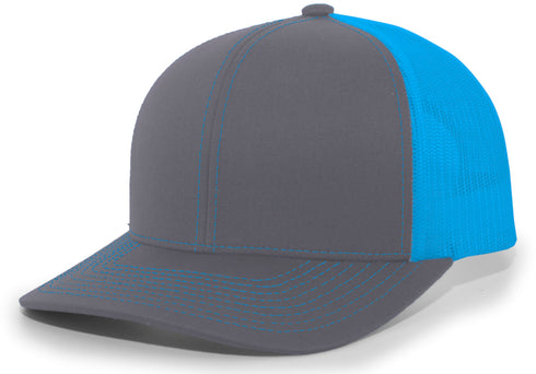 Pacific Headwear Trucker Snapback Cap (104C), Color 'GraphiteNeonBlueGraphite'