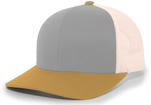 Pacific Headwear Trucker Snapback Cap (104C), Color 'HeatherGreyBeigeAmberGold'