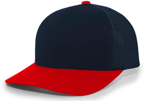 Pacific Headwear Trucker Snapback Cap (104C), Color 'NavyRed'