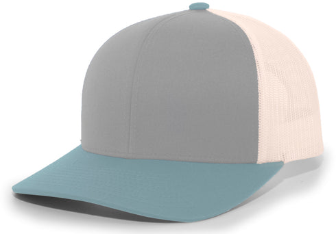 Pacific Headwear Trucker Snapback Cap (104C), Color 'HeatherGreyBeigeSmokeBlue'