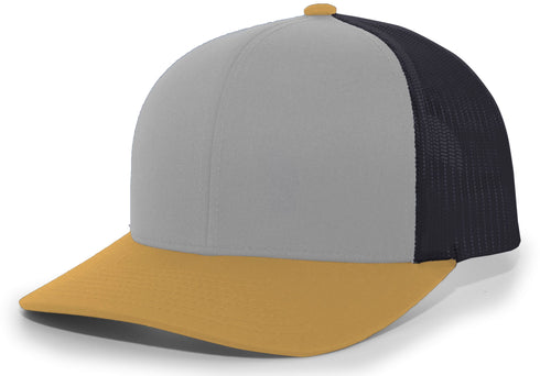 Pacific Headwear Trucker Snapback Cap (104C), Color 'HeatherGreyLtCharcoalAmberGold'