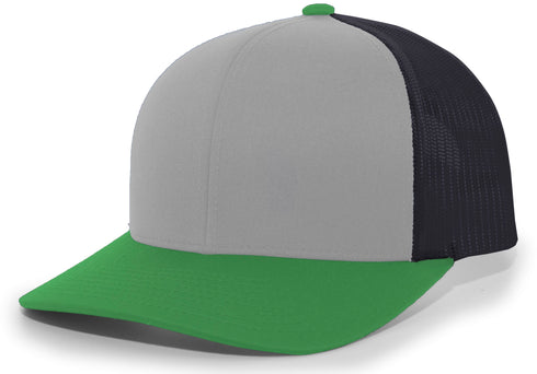 Pacific Headwear Trucker Snapback Cap (104C), Color 'HeatherGreyLtCharcoalGreen'