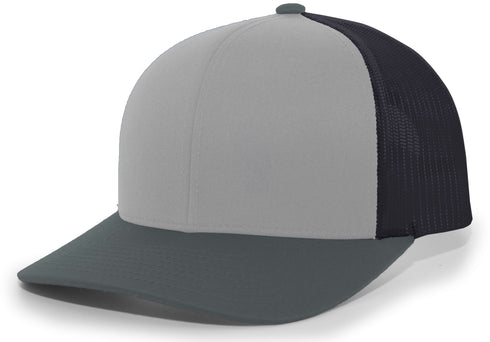 Pacific Headwear Trucker Snapback Cap (104C), Color 'HeatherGreyLtCharcoalLtCharcoal'