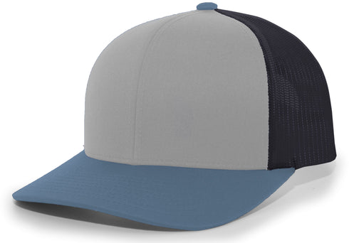 Pacific Headwear Trucker Snapback Cap (104C), Color 'HeatherGreyLtCharcoalOceanBlue'