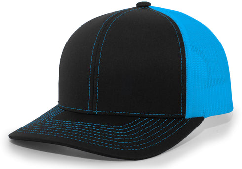 Pacific Headwear Trucker Snapback Cap (104C), Color 'BlackNeonBlueBlack'