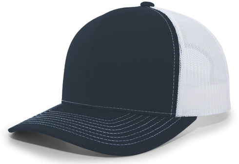 Pacific Headwear Contrast Stitch Trucker Snapback (104S), Color 'NavyWhiteNavy'