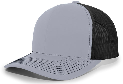 Pacific Headwear Contrast Stitch Trucker Snapback (104S), Color 'HeatherGreyBlackHeatherGrey'