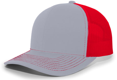 Pacific Headwear Contrast Stitch Trucker Snapback (104S), Color 'HeatherGreyRedHeatherGrey'