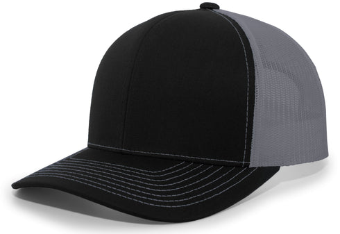 Pacific Headwear Contrast Stitch Trucker Snapback (104S), Color 'BlackGraphiteBlack'