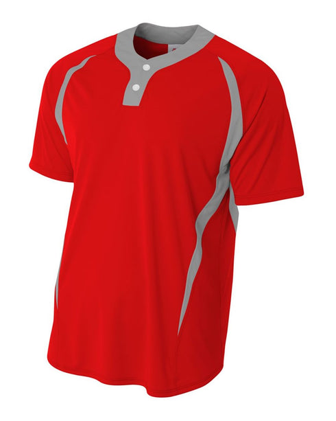 A4 2-Button Color Blocked Baseball Henley (N4229), Color 'Scarlet/Silver'