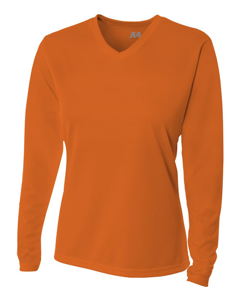 A4 Women's Long Sleeve V-Neck Birds Eye Mesh Tee (NW3255), Color 'Athletic Orange'