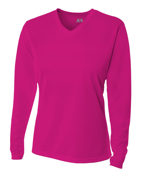 A4 Women's Long Sleeve V-Neck Birds Eye Mesh Tee (NW3255), Color 'Fuchsia'