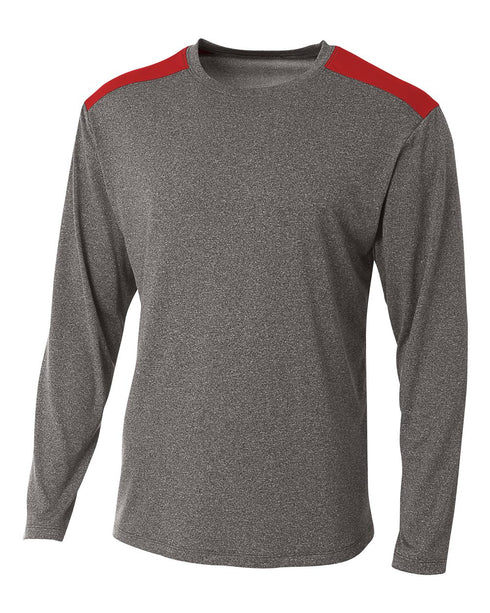 A4 Tourney Heather LS Color Block Crew (N3101), Color 'Heather/Scarlet'
