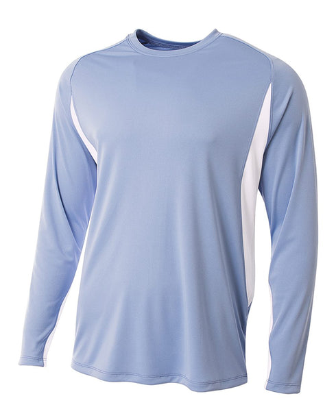 A4 Long Sleeve Color Block Cooling Performance Tee (N3183), Color 'Light Blue/White'