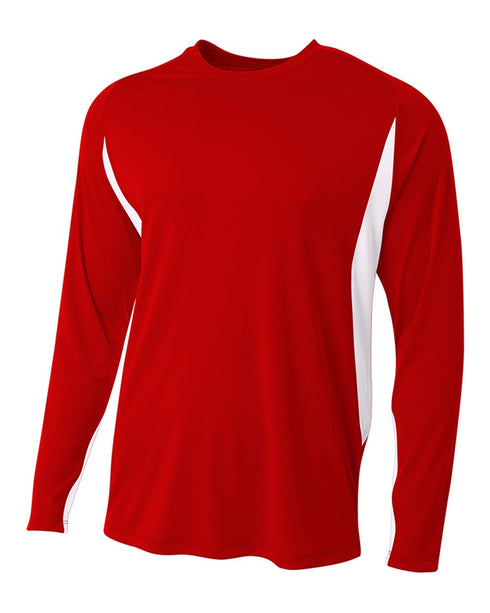 A4 Long Sleeve Color Block Cooling Performance Tee (N3183), Color 'Scarlet/White'