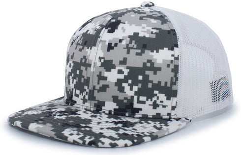 Pacific Headwear Camo Snapback Trucker Cap (108C), Color 'SnowWhiteSnow'