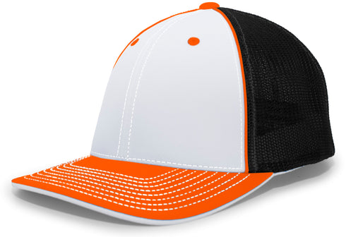 Pacific Headwear Trucker Flexfit® Cap, Size S/M (404M), Color 'WhiteBlackOrange'