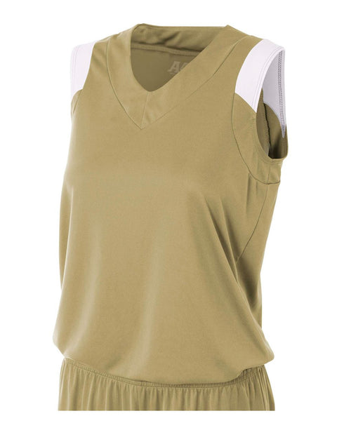 A4 Women's Moisture Management V-Neck Muscle (NW2340), Color 'Vegas Gold/White'