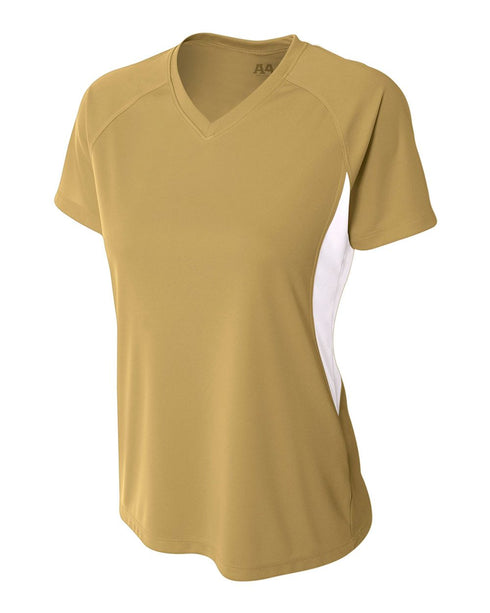 A4 Women's Color Block Performance V-Neck (NW3223), Color 'Vegas Gold/White'