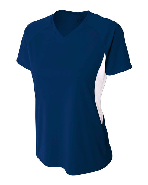 A4 Women's Color Block Performance V-Neck (NW3223), Color 'Navy/White'
