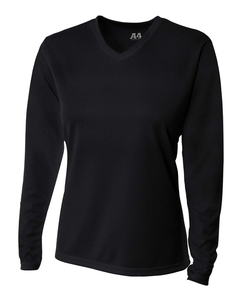 A4 Women's Long Sleeve V-Neck Birds Eye Mesh Tee (NW3255), Color 'Black'