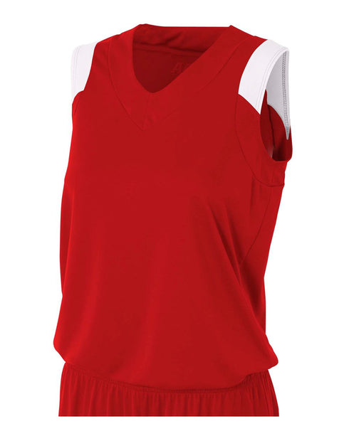 A4 Women's Moisture Management V-Neck Muscle (NW2340), Color 'Scarlet/White'