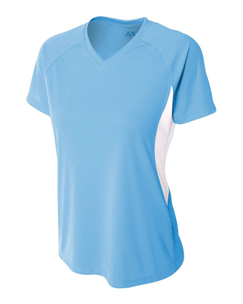 A4 Women's Color Block Performance V-Neck (NW3223), Color 'Light Blue/White'