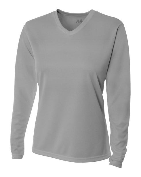 A4 Women's Long Sleeve V-Neck Birds Eye Mesh Tee (NW3255), Color 'Silver'