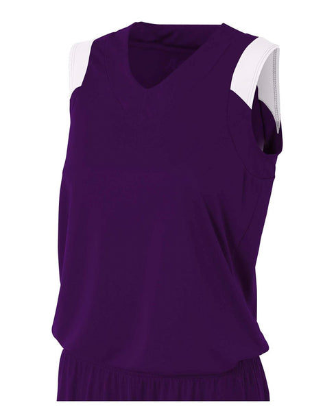 A4 Women's Moisture Management V-Neck Muscle (NW2340), Color 'Purple/White'