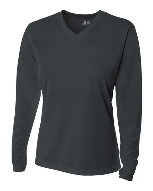 A4 Women's Long Sleeve V-Neck Birds Eye Mesh Tee (NW3255), Color 'Graphite'