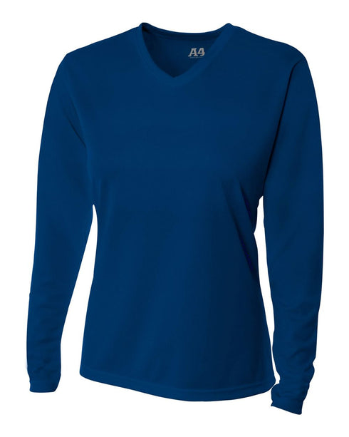 A4 Women's Long Sleeve V-Neck Birds Eye Mesh Tee (NW3255), Color 'Navy'