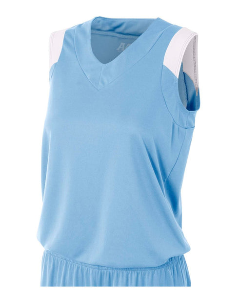 A4 Women's Moisture Management V-Neck Muscle (NW2340), Color 'Light Blue/White'