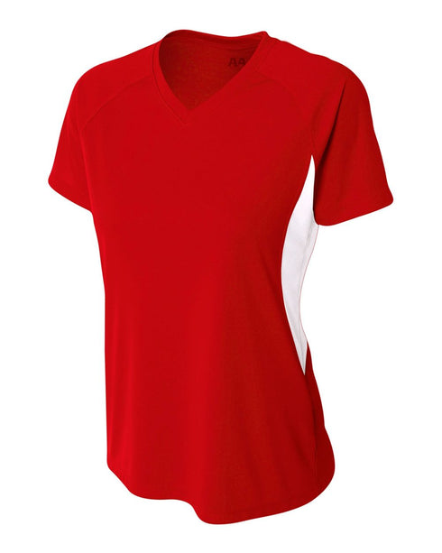 A4 Women's Color Block Performance V-Neck (NW3223), Color 'Scarlet/White'
