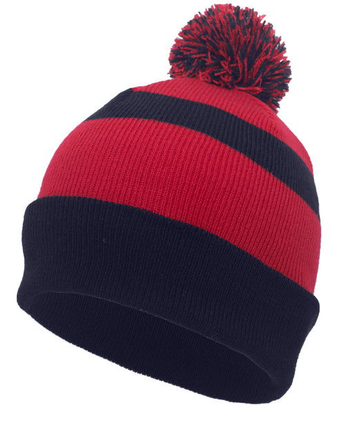 Pacific Headwear Knit Fold Over Pom-Pom Beanie (641K), Color 'NavyRedNavy'