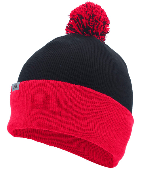 Pacific Headwear Knit Fold Over Pom-Pom Beanie (641K), Color 'BlackRed'