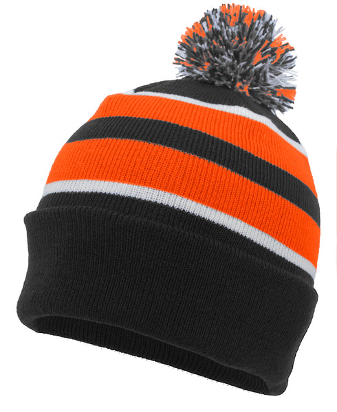 Pacific Headwear Knit Fold Over Pom-Pom Beanie (641K), Color 'BlackOrangeWhite'