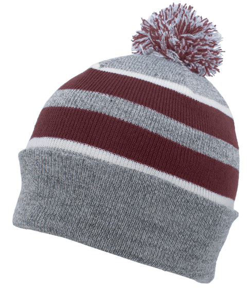 Pacific Headwear Knit Fold Over Pom-Pom Beanie (641K), Color 'HeatherMaroonWhite'