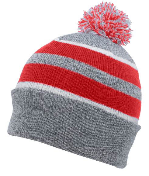 Pacific Headwear Knit Fold Over Pom-Pom Beanie (641K), Color 'HeatherRedWhite'