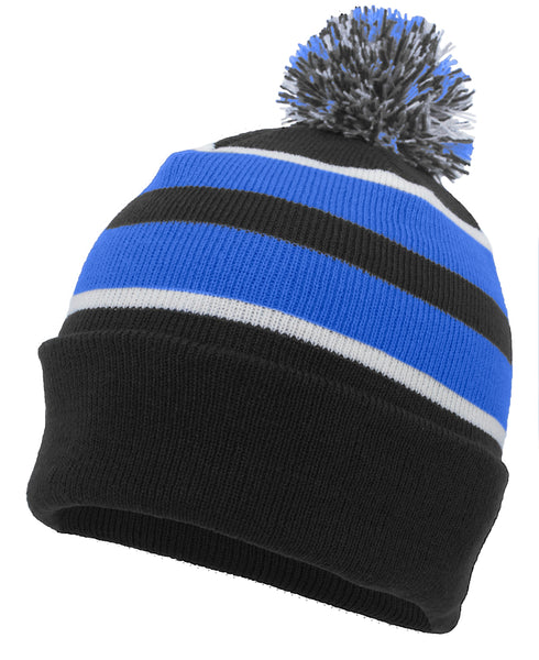 Pacific Headwear Knit Fold Over Pom-Pom Beanie (641K), Color 'BlackRoyalWhite'