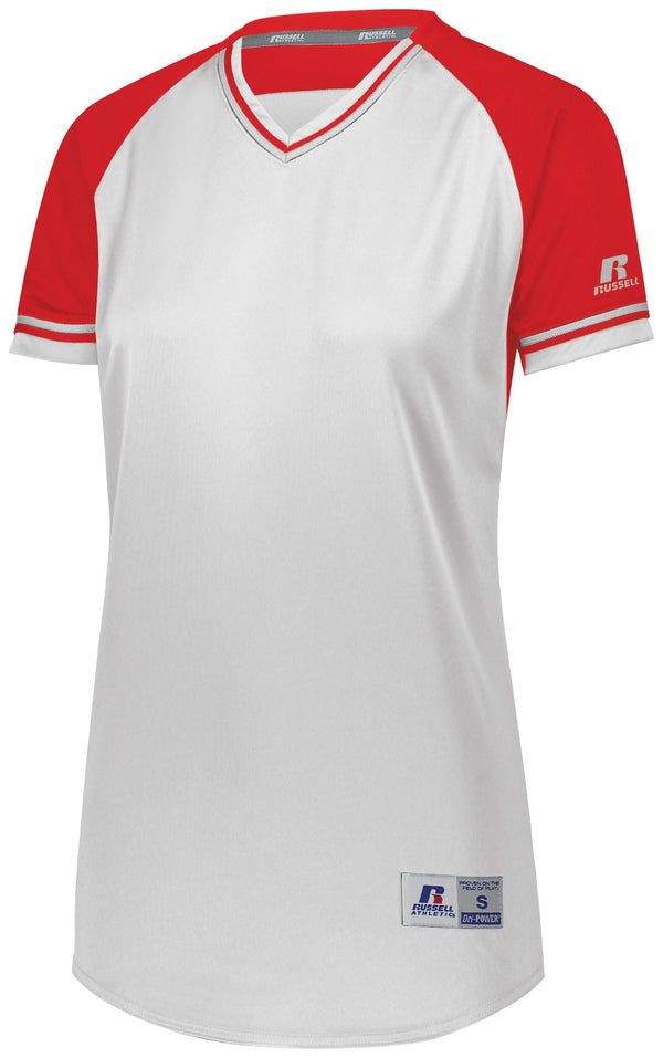Russell Athletic Ladies Classic V-Neck Jersey (R01X3X), Color 'White/True Red/White'