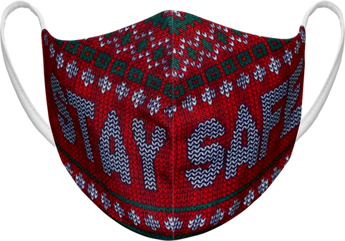 Athletic Knit Reusable Sublimated Fabric Face Mask (AKFM-1135), Color 'Stay Safe - Knitted Red & Green'