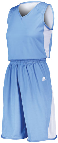 Russell Athletic Ladies Undivided Single Ply Reversible Shorts (5R6DLX), Color 'Columbia Blue/White'
